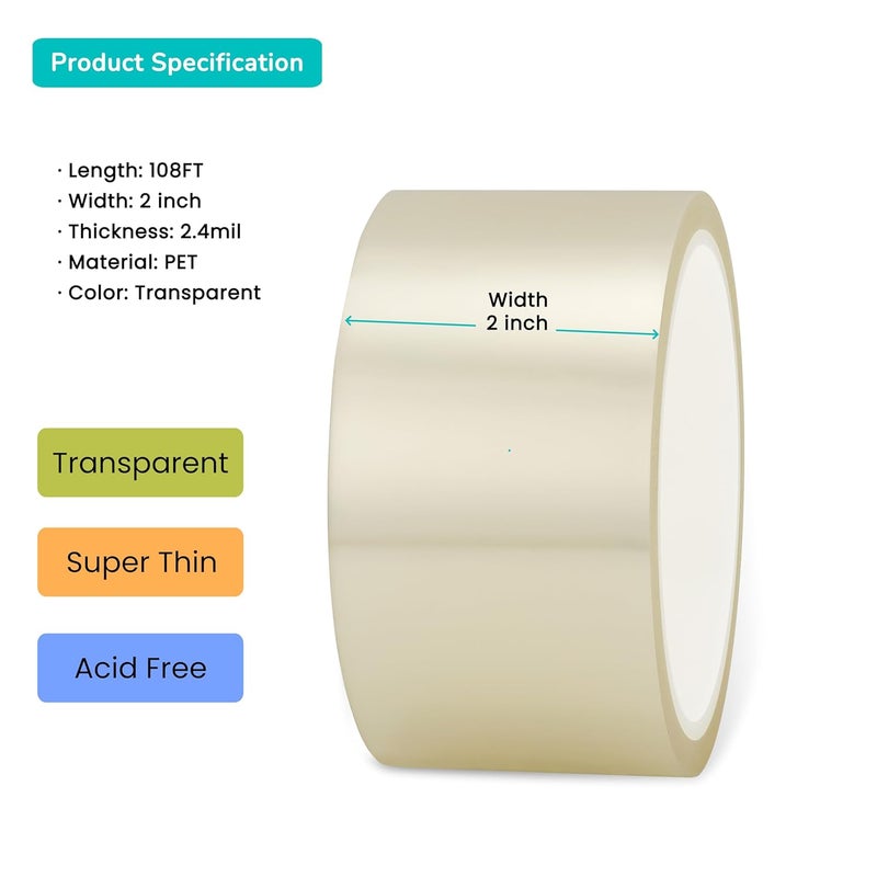 SICCOMA Clear Book Repair Tape for Torn Pages 2 Inch x 108 Feet Archival Safe Thin Clear Bookbinding Tape for Books, Scrapbooking and Documents, Transparent, Thin Thickness, No Residue - Image 2